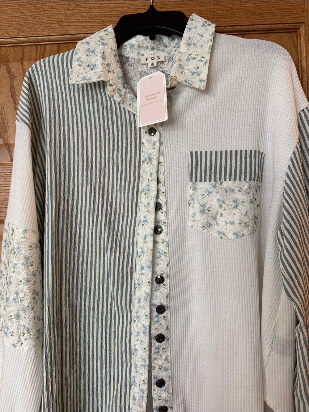 POL women’s Mixed-Pattern Button-Down Shirt in Light Blue and Cream